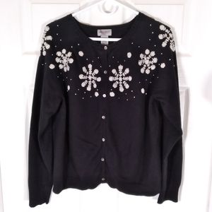 Vtg Eddie Bauer Button Down Cardigan Sweater Angora  Snowflake Black & White XL